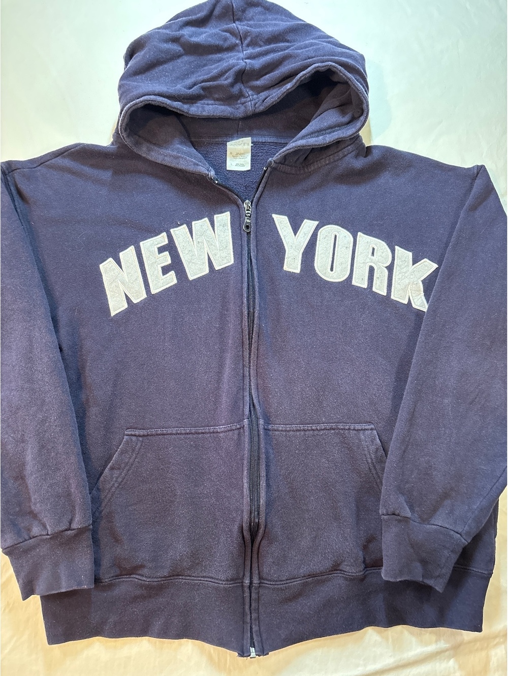 Vintage Y2K New York Spellout Full Zip Hoodie Navy Applique Streetwear